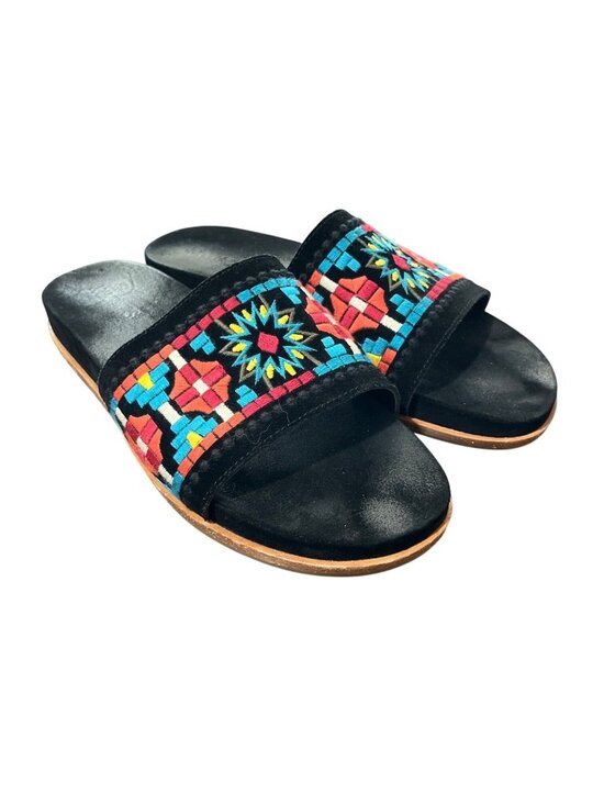 Johnny Was Shoes - Johnny Was Womens Size 9 Embroidered Flat Slide Sandals Black Suede Leather